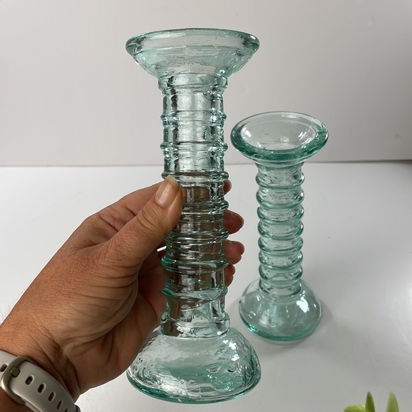 La Mediterranea Recycled Aqua Coloured Glass Candle Stick Holders Pair - Picture 6 of 12